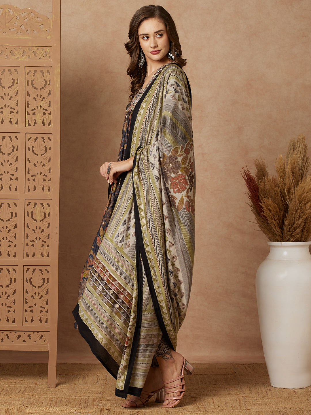 Floral Printed & Embroidered A-Line Pleated Kurta with Pant & Dupatta - Grey