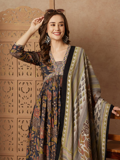 Floral Printed & Embroidered A-Line Pleated Kurta with Pant & Dupatta - Grey