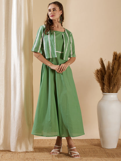 Solid A-Line Flared Cotton Maxi Dress with Striped Open Short Jacket - Green