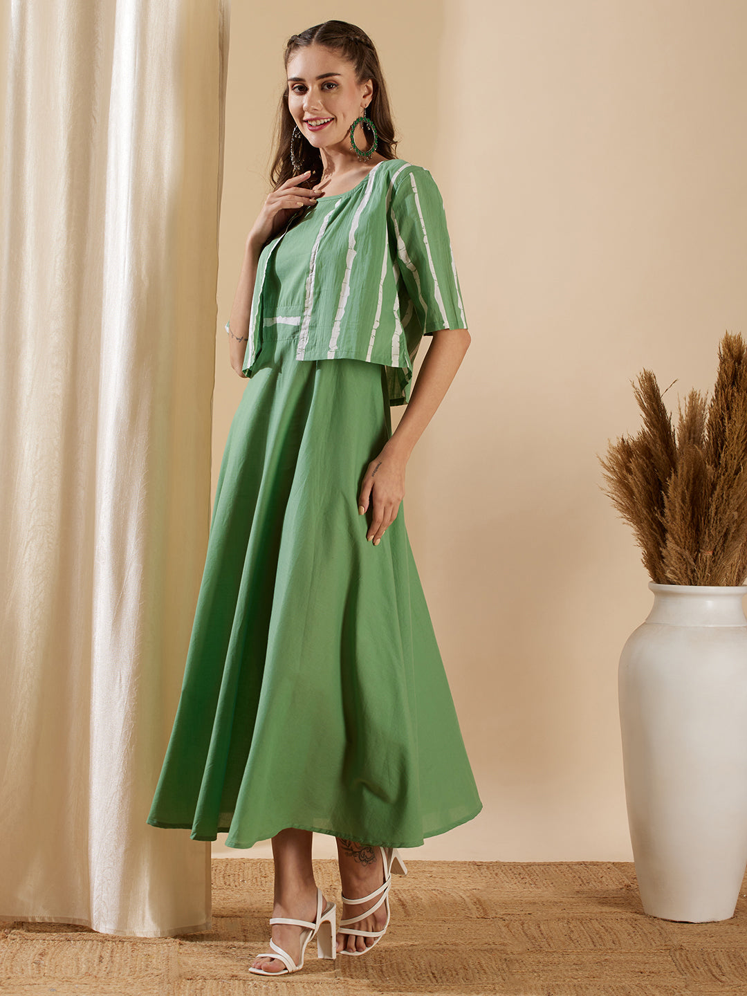 Solid A-Line Flared Cotton Maxi Dress with Striped Open Short Jacket - Green