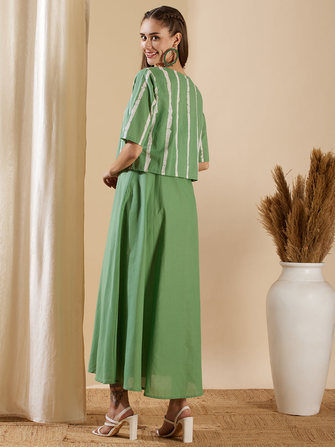 Solid A-Line Flared Cotton Maxi Dress with Striped Open Short Jacket - Green