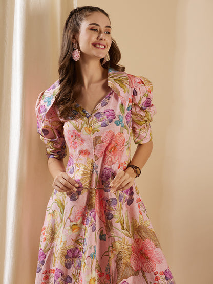 Abstract Floral Printed A-Line Pleated Midi Dress - Pink