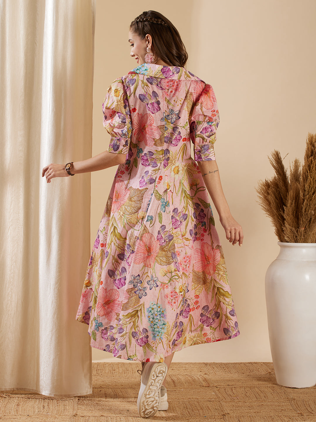 Abstract Floral Printed A-Line Pleated Midi Dress - Pink