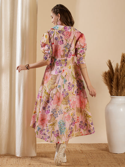 Abstract Floral Printed A-Line Pleated Midi Dress - Pink