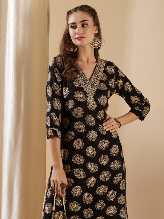 Ethnic Zari Embroidered & Abstract Foil Printed Straight Fit Kurta - Black