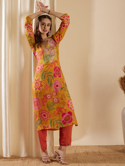 Abstract Floral Printed & Embroidered Straight Fit Kurta - Yellow