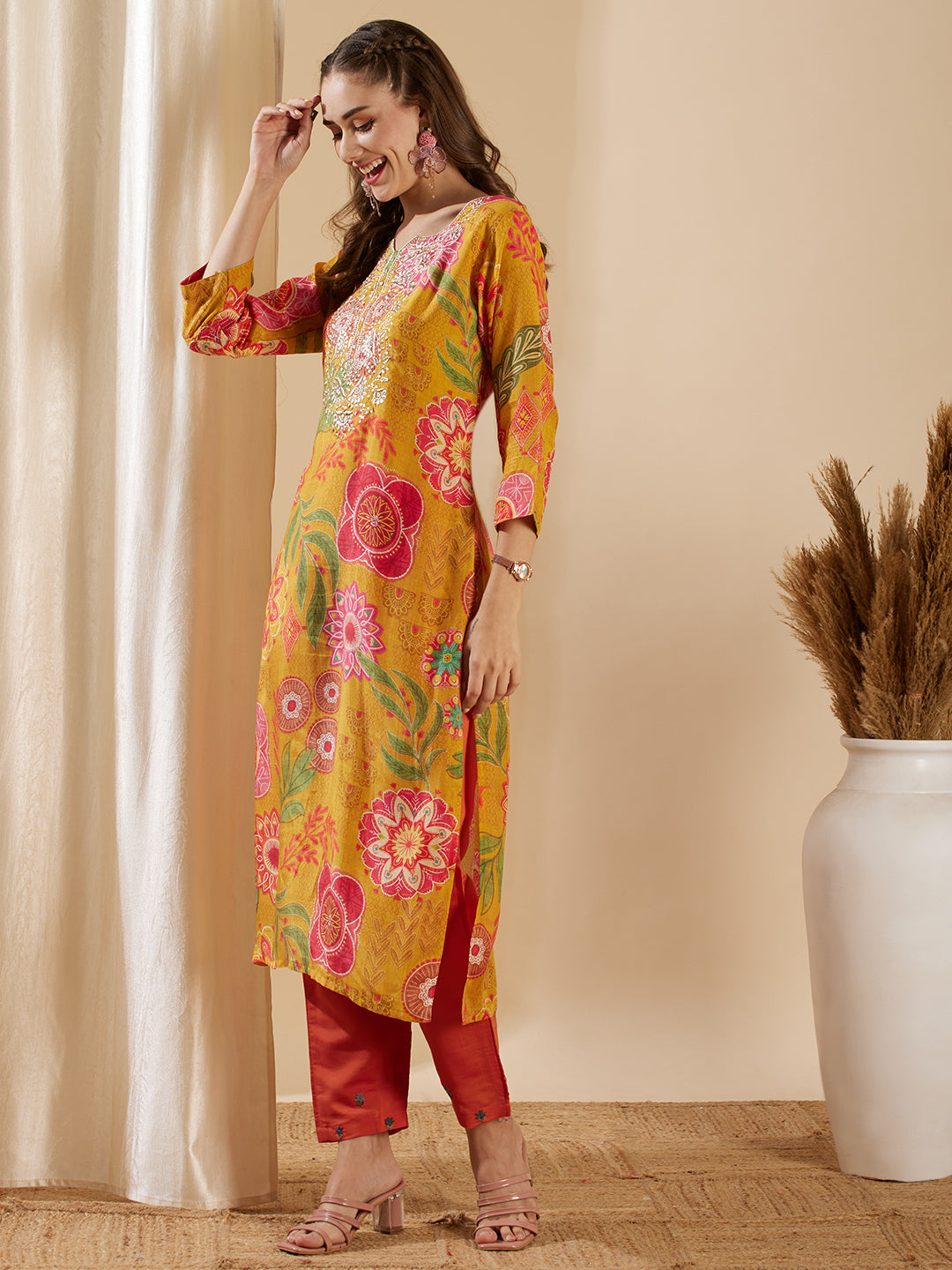 Abstract Floral Printed & Embroidered Straight Fit Kurta - Yellow