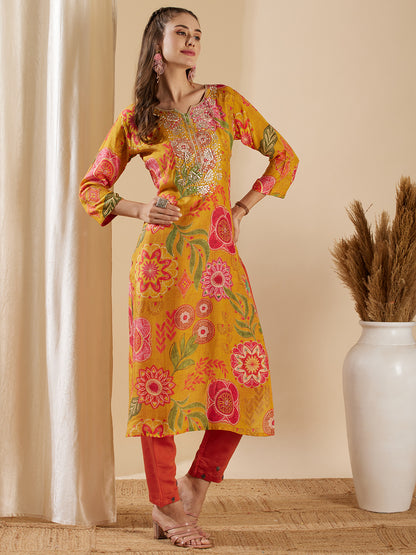 Abstract Floral Printed & Embroidered Straight Fit Kurta - Yellow