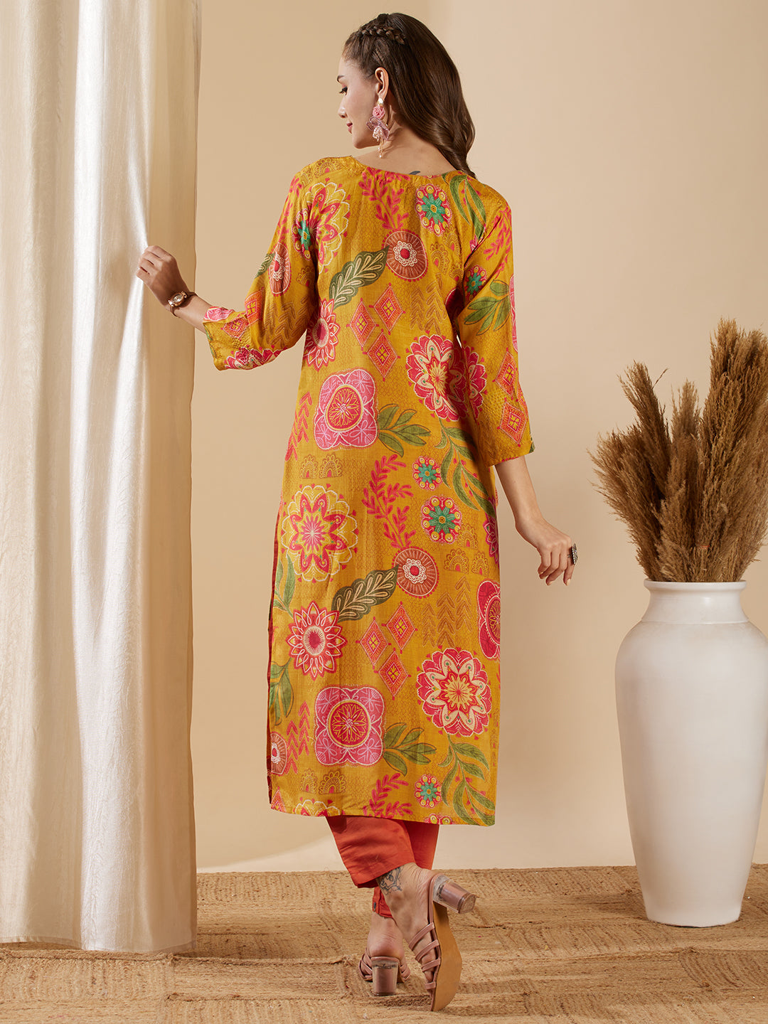 Abstract Floral Printed & Embroidered Straight Fit Kurta - Yellow