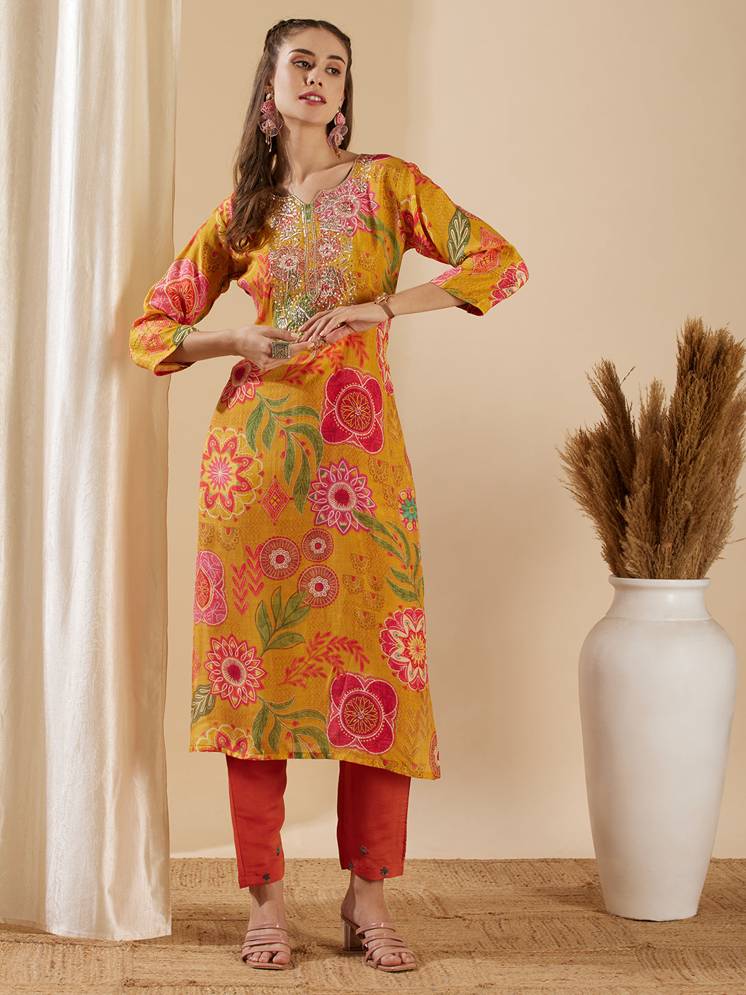 Abstract Floral Printed & Embroidered Straight Fit Kurta - Yellow