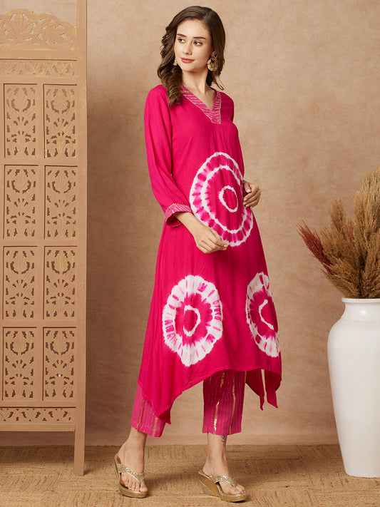 Ethnic Shibori Dyed & Embellished Straight Kurta with Gold Lurex Pant - Pink