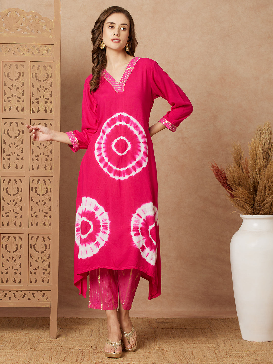 Ethnic Shibori Dyed & Embellished Straight Kurta with Gold Lurex Pant - Pink