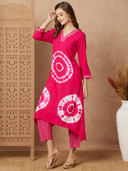 Ethnic Shibori Dyed & Embellished Straight Kurta with Gold Lurex Pant - Pink