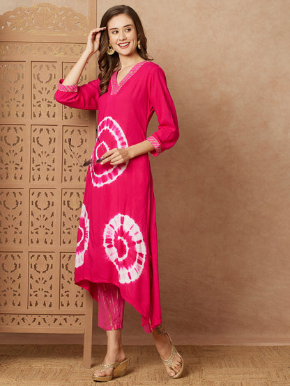 Ethnic Shibori Dyed & Embellished Straight Kurta with Gold Lurex Pant - Pink