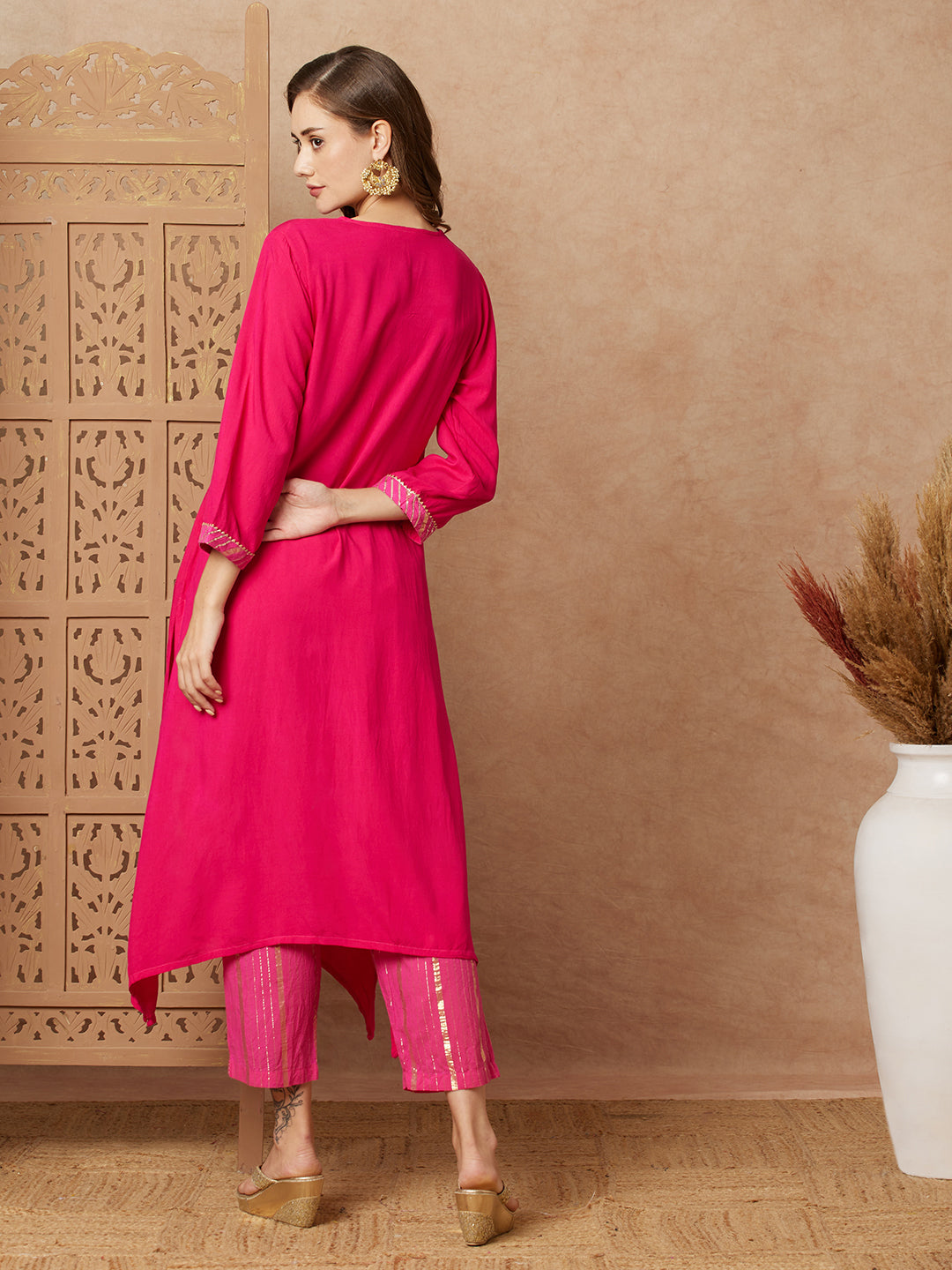 Ethnic Shibori Dyed & Embellished Straight Kurta with Gold Lurex Pant - Pink