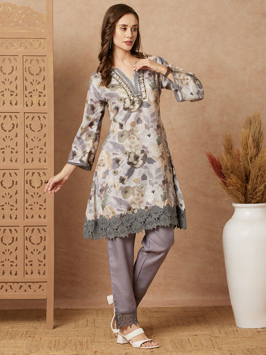 Abstract Floral Printed & Mirror Embroidered A-Line Kurta with Pant - Grey