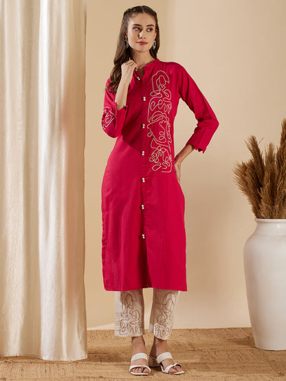 Solid Abstract Embroidered Straight Kurta with Pant - Pink