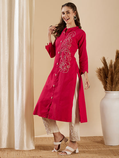 Solid Abstract Embroidered Straight Kurta with Pant - Pink