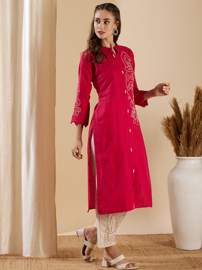 Solid Abstract Embroidered Straight Kurta with Pant - Pink