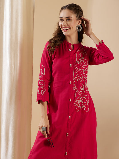 Solid Abstract Embroidered Straight Kurta with Pant - Pink