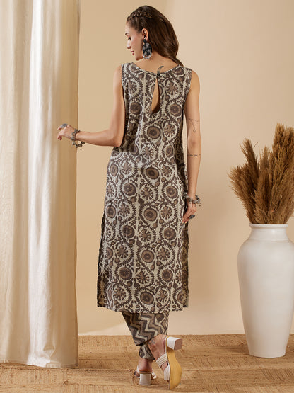 Ethnic Printed Straight Fit Kurta with Pant - Grey