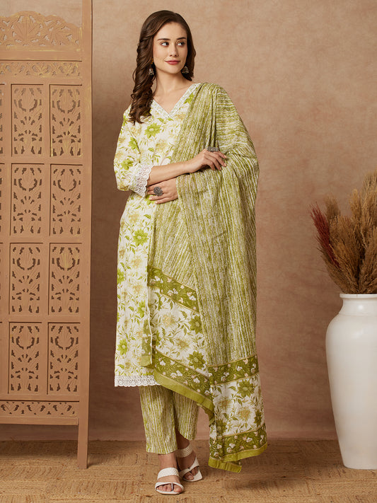 Floral Foil Printed & Embroidered Straight Kurta with Pant & Dupatta - Light Green