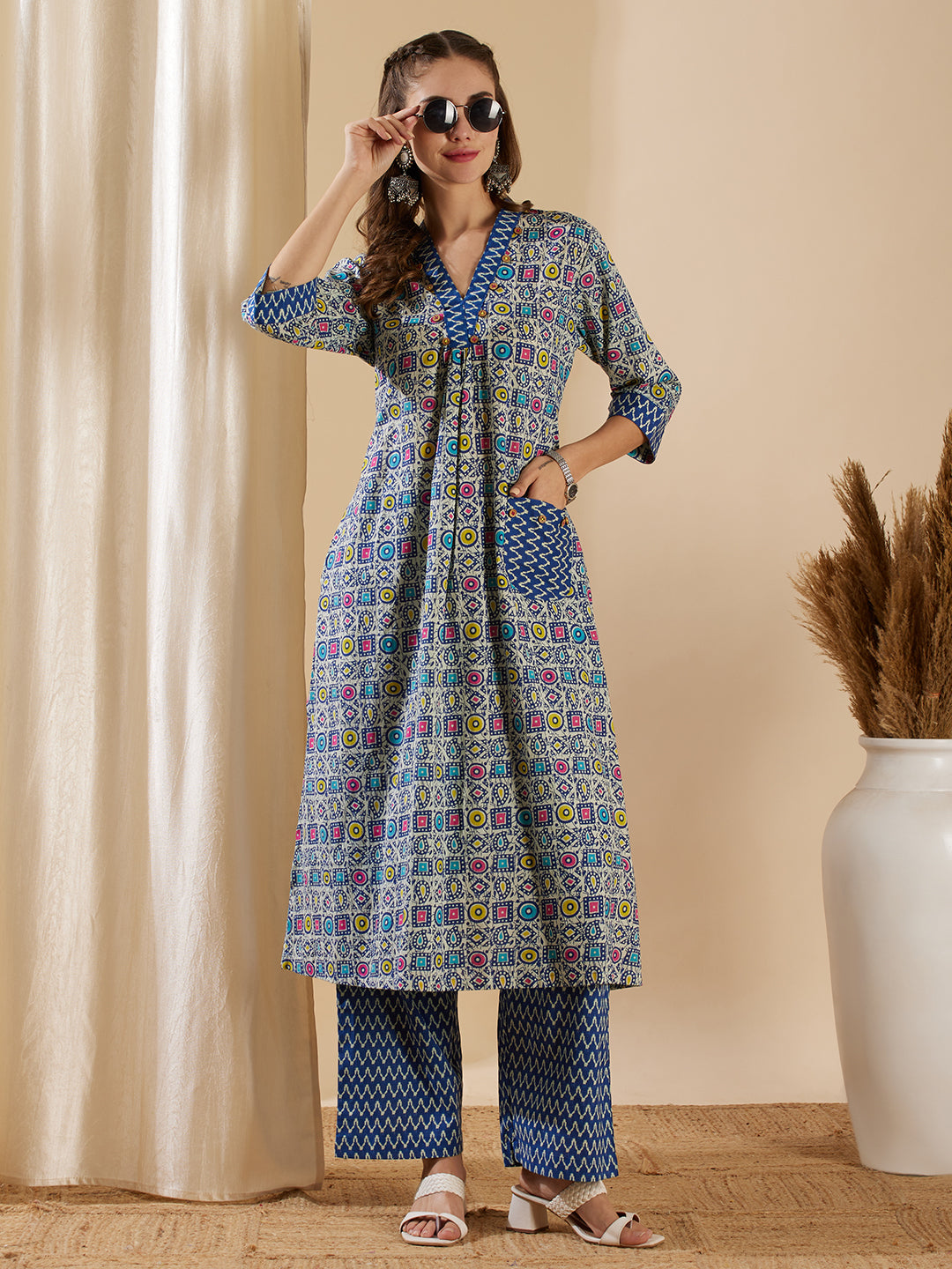 Ethnic Geometric Printed A-Line Kurta with Palazzo - Blue