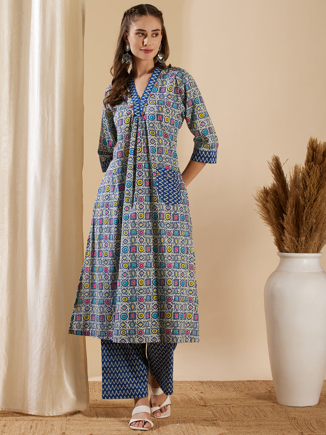 Ethnic Geometric Printed A-Line Kurta with Palazzo - Blue