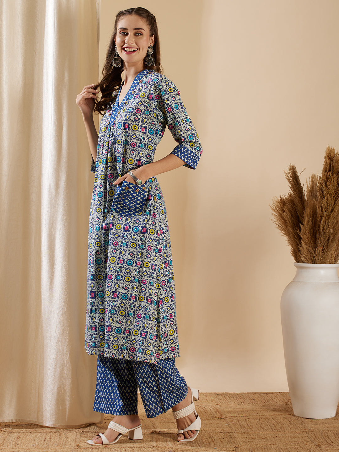 Ethnic Geometric Printed A-Line Kurta with Palazzo - Blue