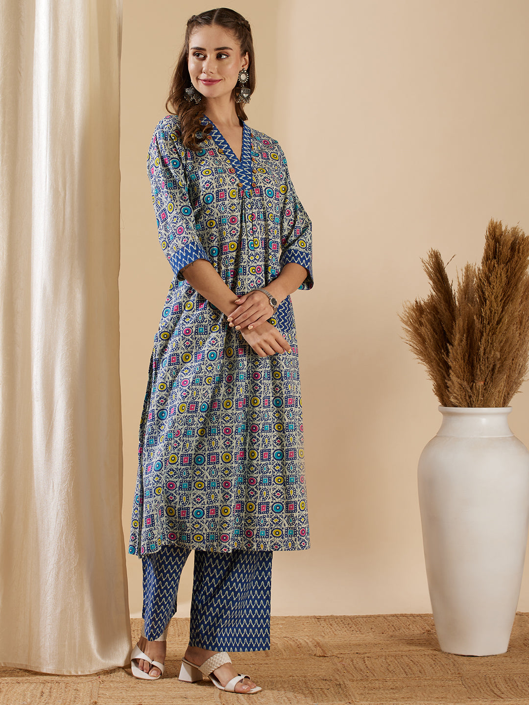 Ethnic Geometric Printed A-Line Kurta with Palazzo - Blue