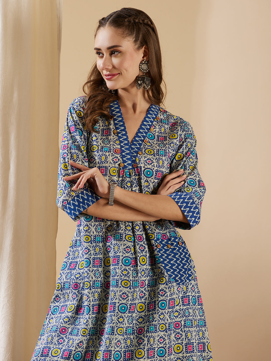 Ethnic Geometric Printed A-Line Kurta with Palazzo - Blue