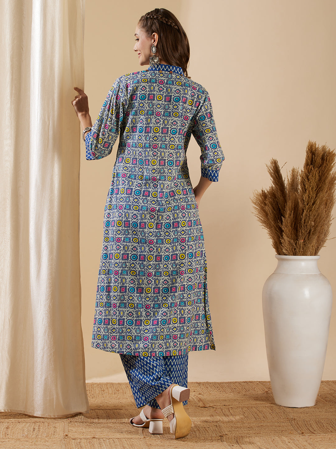 Ethnic Geometric Printed A-Line Kurta with Palazzo - Blue