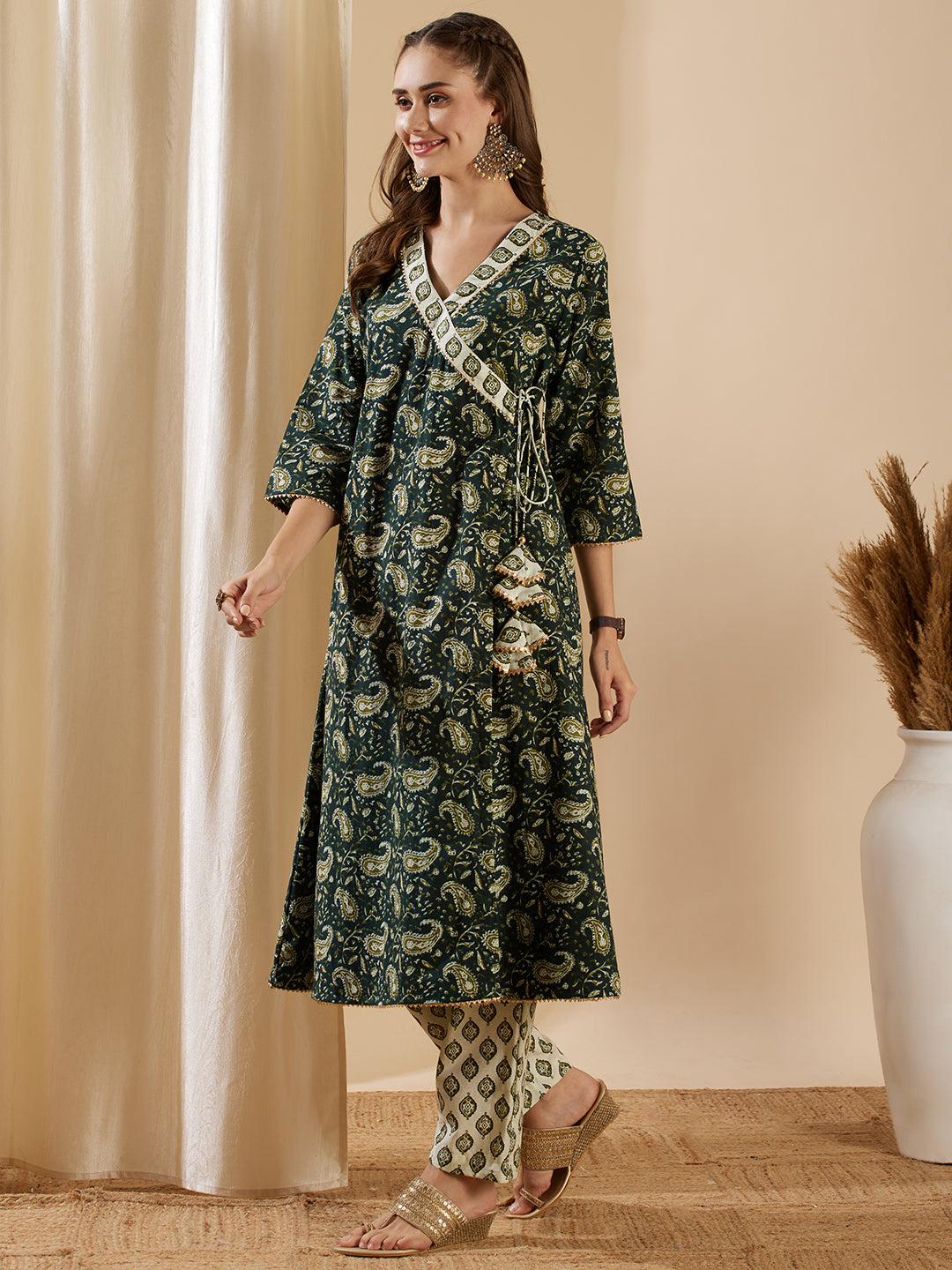 Ethnic Floral Paisley Printed Angrakha Kurta with Pant - Green