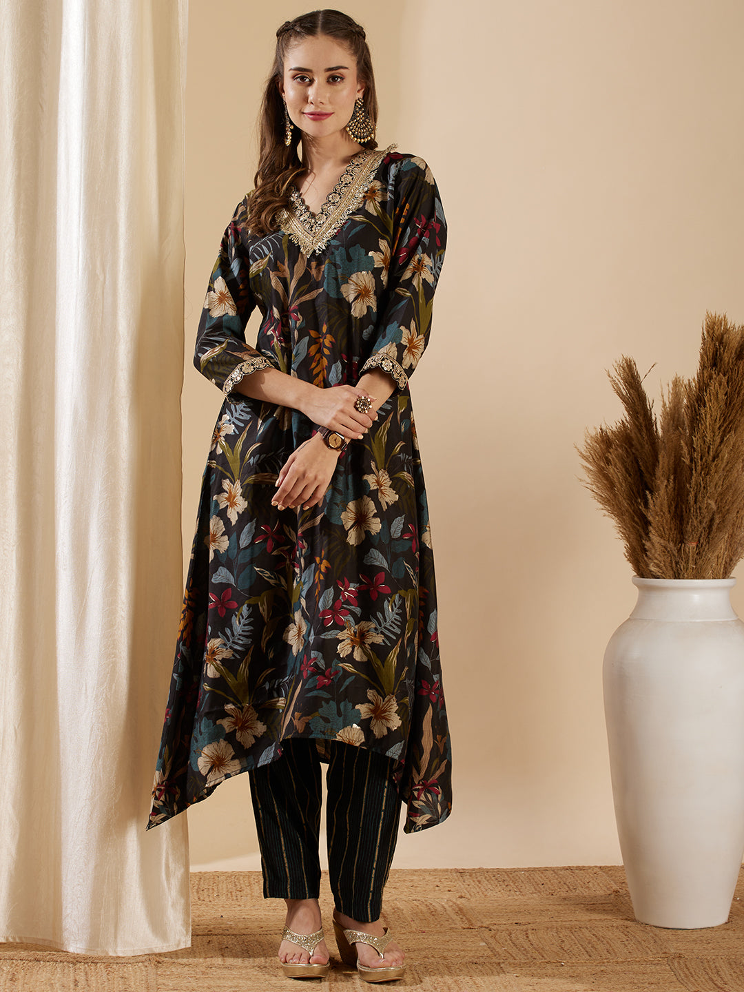 Floral Foil Printed & Embroidered A-Line Kurta with Pant - Black