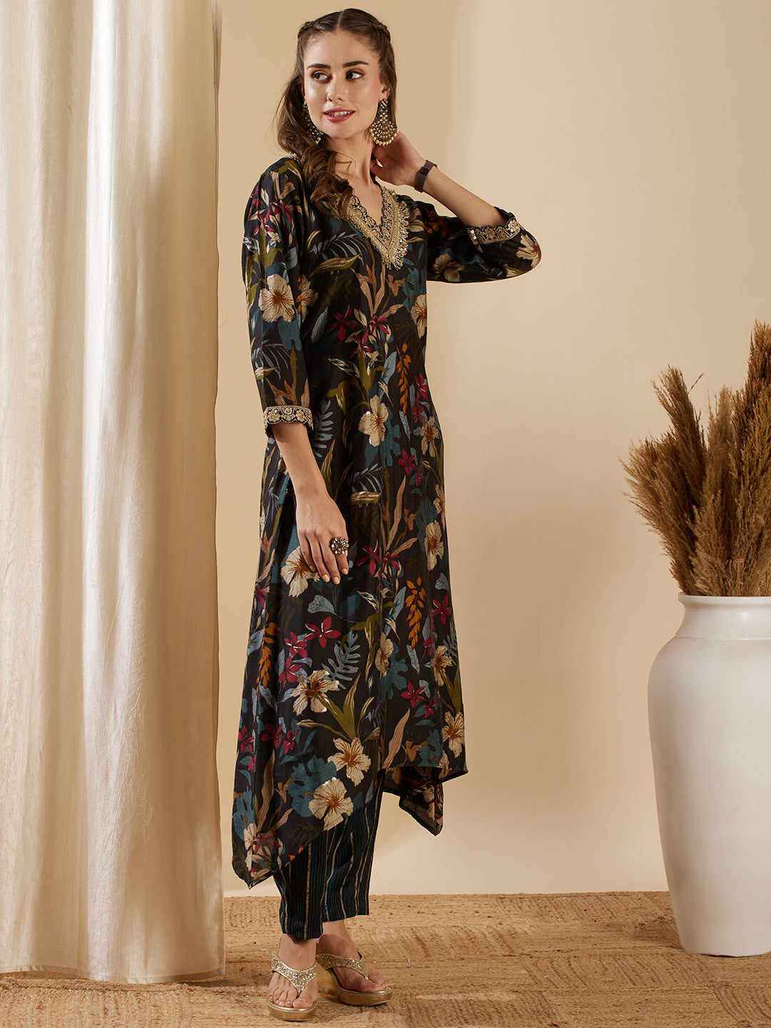 Floral Foil Printed & Embroidered A-Line Kurta with Pant - Black