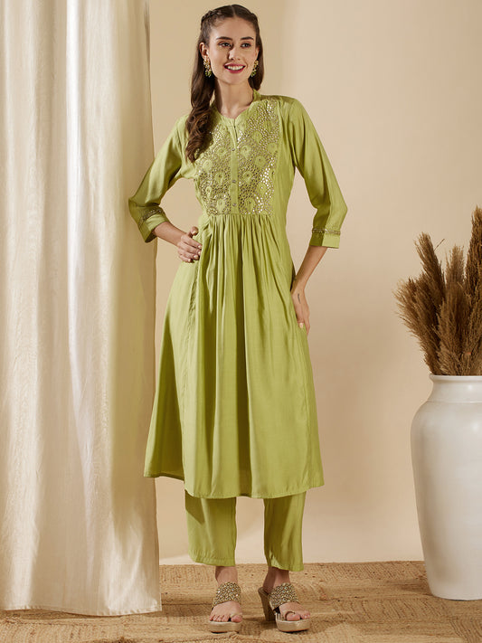 Solid Mirror Embroidered A-Line Paneled Kurta with Pant - Green