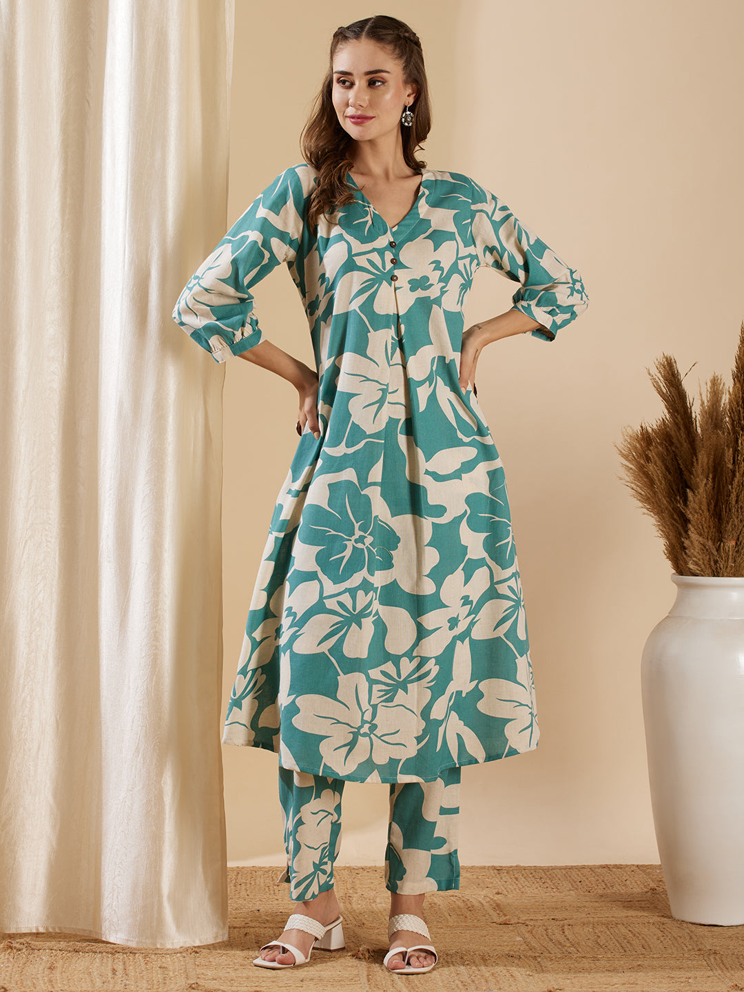 Abstract Floral Printed A-Line Kurta with Pant - Turquoise Blue