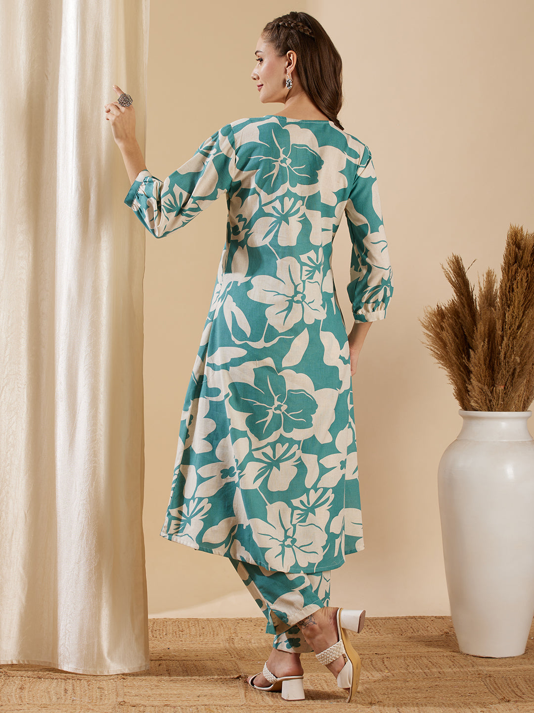 Abstract Floral Printed A-Line Kurta with Pant - Turquoise Blue