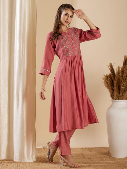 Solid Mirror Embroidered A-Line Paneled Kurta with Pant - Pink