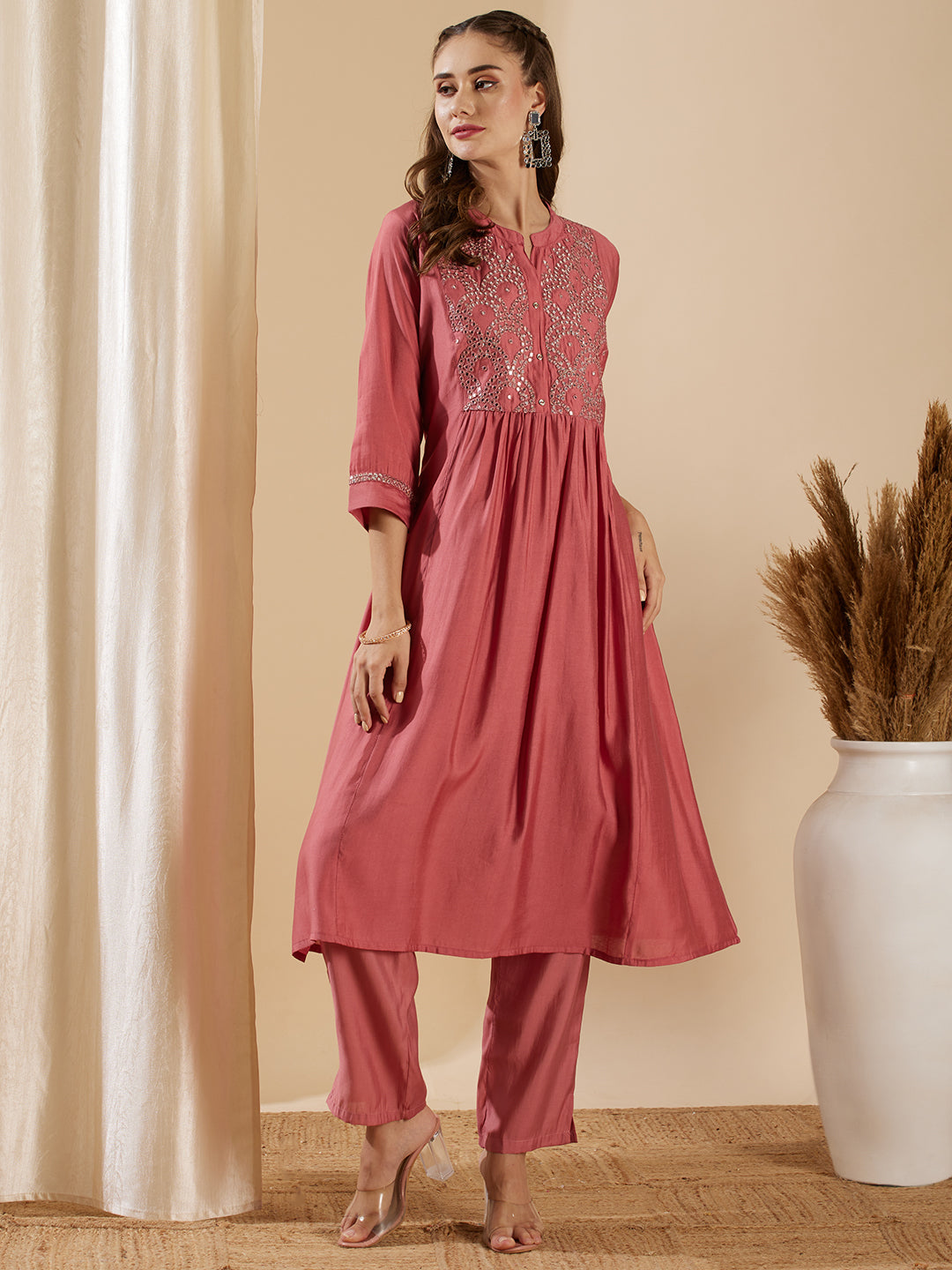 Solid Mirror Embroidered A-Line Paneled Kurta with Pant - Pink