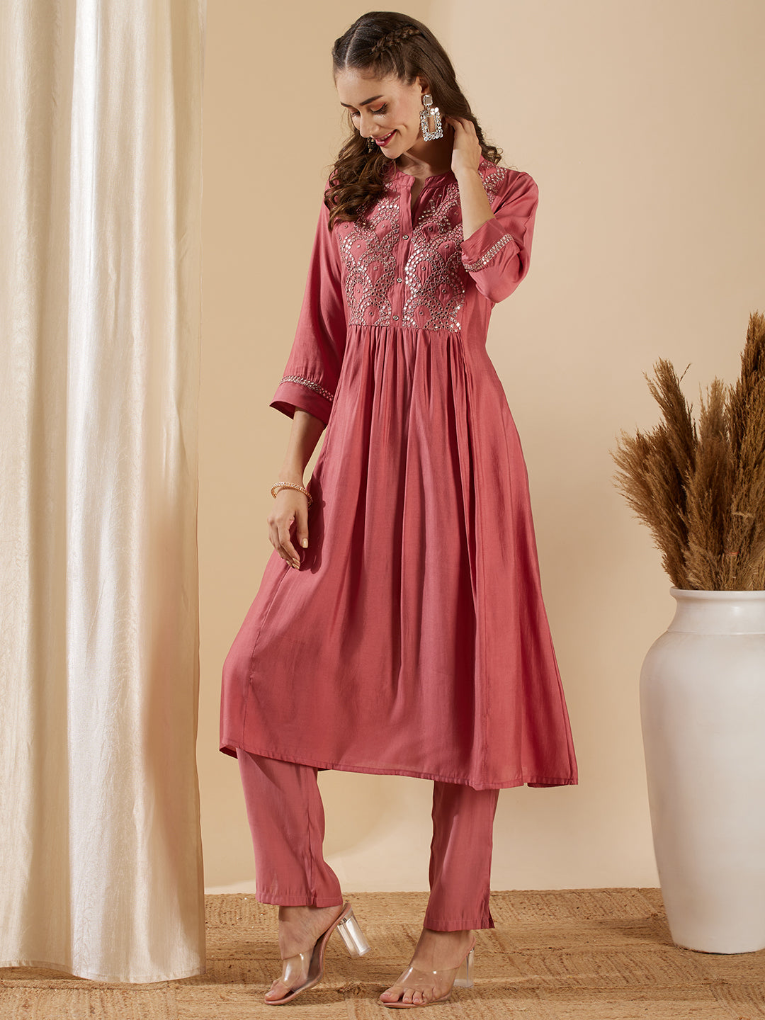 Solid Mirror Embroidered A-Line Paneled Kurta with Pant - Pink