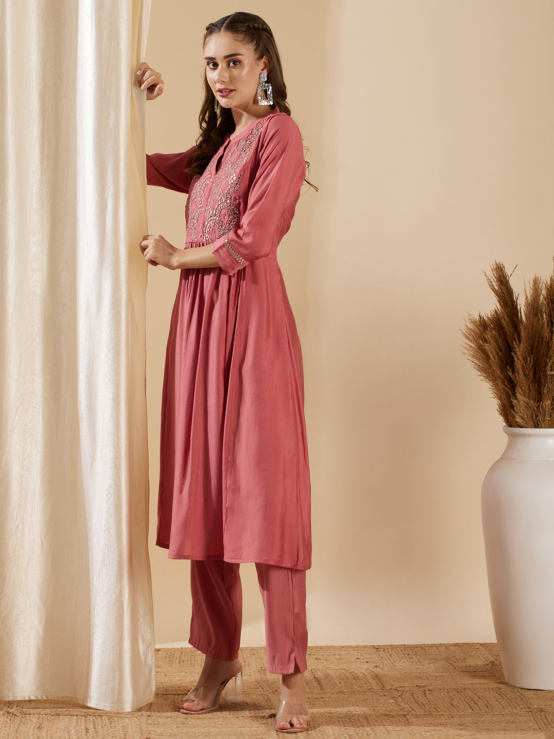 Solid Mirror Embroidered A-Line Paneled Kurta with Pant - Pink