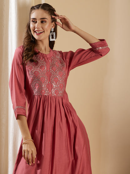 Solid Mirror Embroidered A-Line Paneled Kurta with Pant - Pink