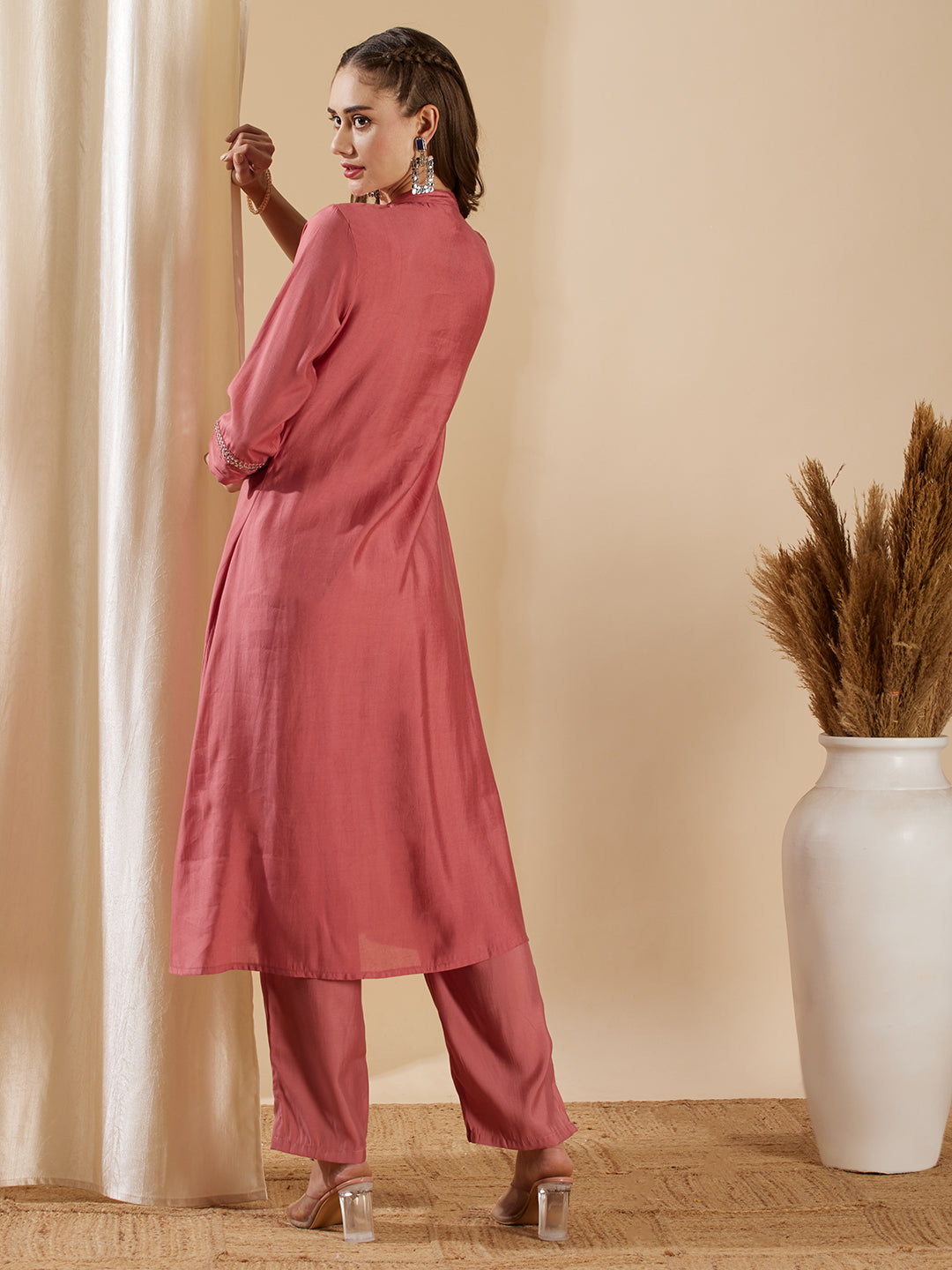 Solid Mirror Embroidered A-Line Paneled Kurta with Pant - Pink