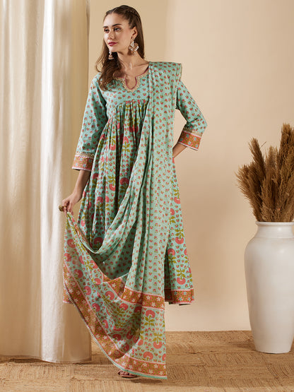 Floral Printed & Embroidered Anarkali Kurta with Palazzo & Dupatta - Mint Green