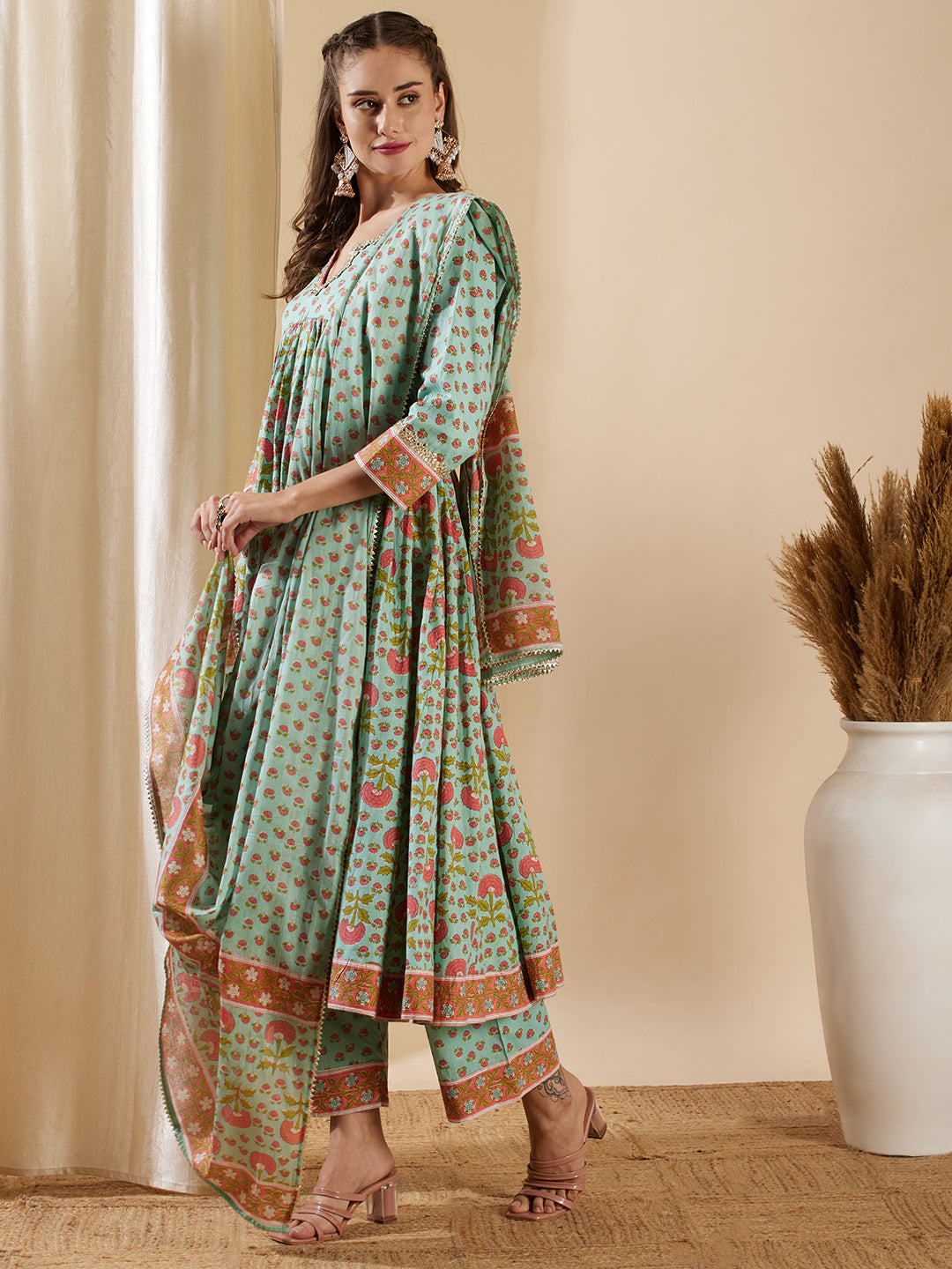 Floral Printed & Embroidered Anarkali Kurta with Palazzo & Dupatta - Mint Green