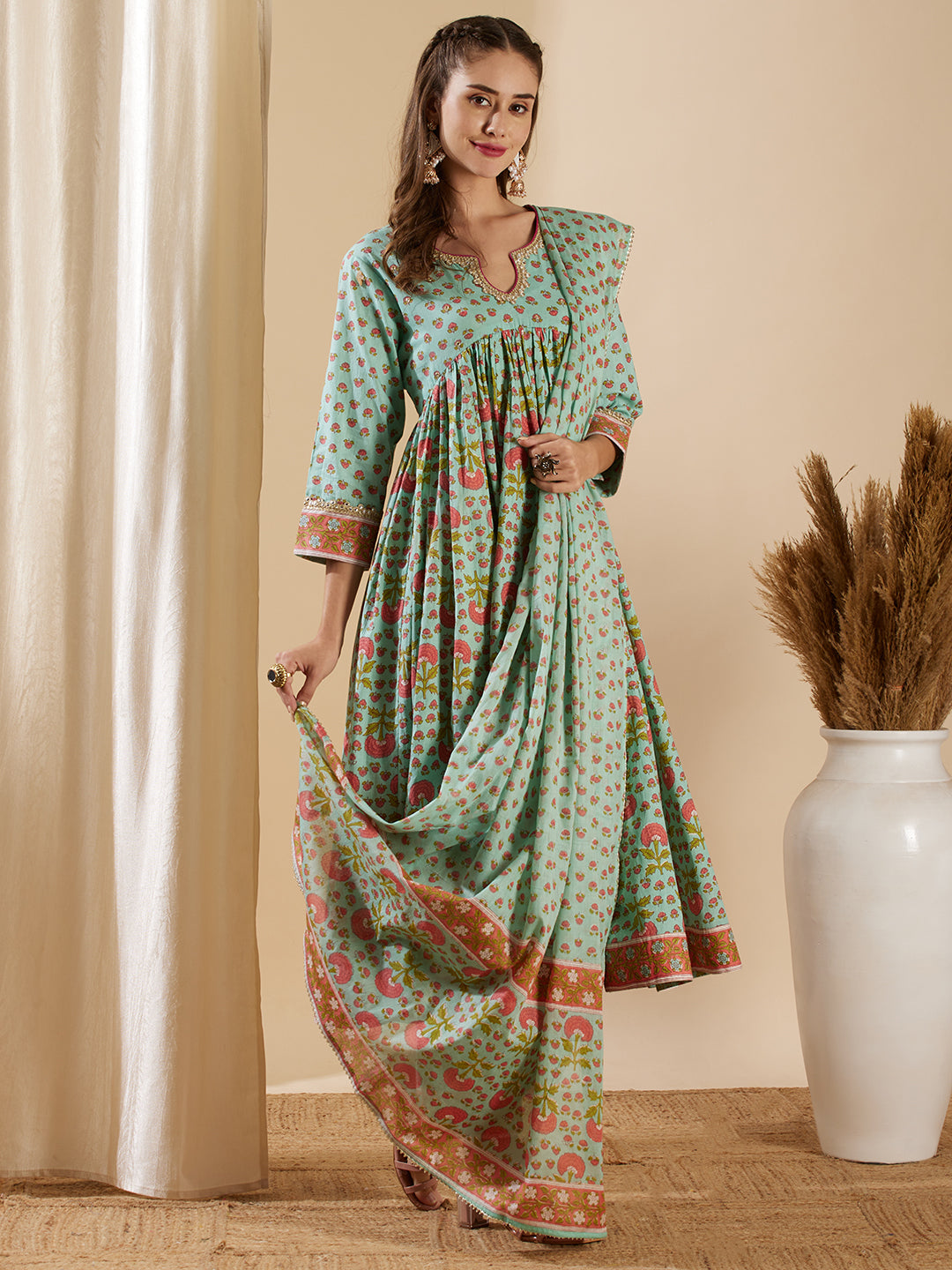 Floral Printed & Embroidered Anarkali Kurta with Palazzo & Dupatta - Mint Green