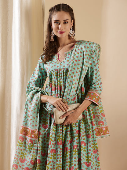 Floral Printed & Embroidered Anarkali Kurta with Palazzo & Dupatta - Mint Green