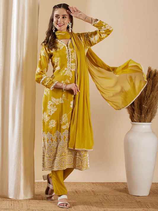 Floral Printed Schiffli Embroidered Straight Kurta with Pant & Dupatta - Mustard