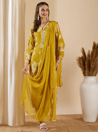 Floral Printed Schiffli Embroidered Straight Kurta with Pant & Dupatta - Mustard